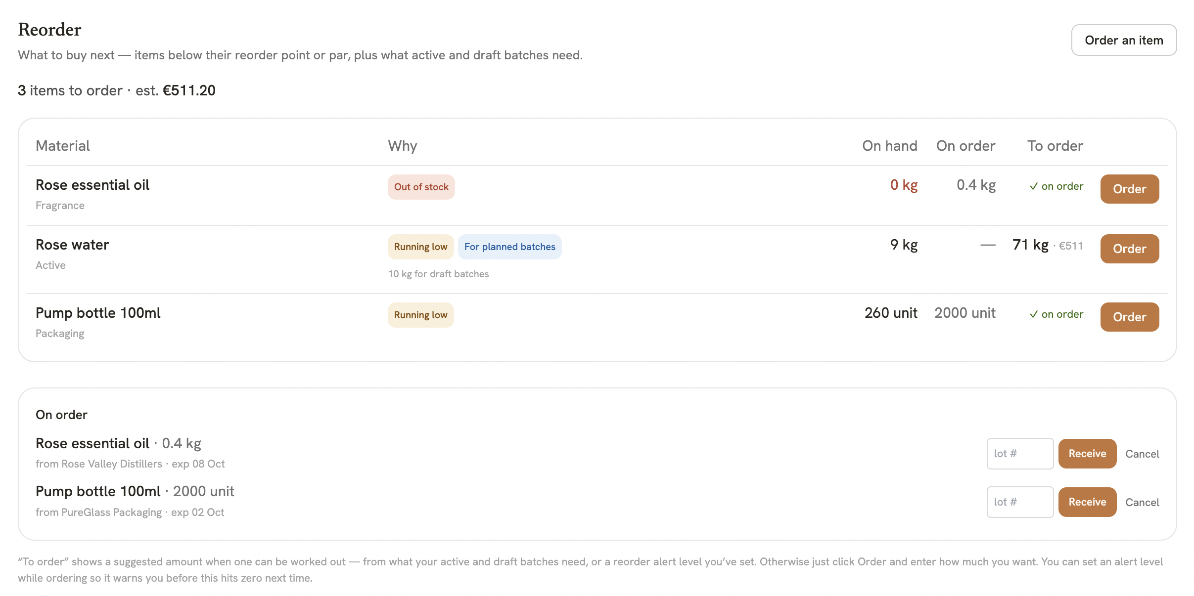 The Inventory page: stock levels and items to reorder